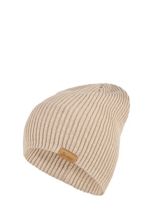 Beige ribbed knit beanie with a folded cuff. Features a small leather tag with the brand name. Soft texture and snug fit.
