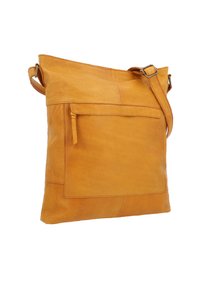 Borsa a tracolla in pelle gialla con tasca frontale con zip e tracolla regolabile su sfondo bianco.