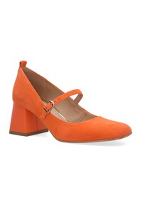 Oranžová semišová vysoká bota na podpatku se čtvercovým podpatkem, páskem Mary Jane a špičatou špičkou. Hladká textura s minimalistickou estetikou.