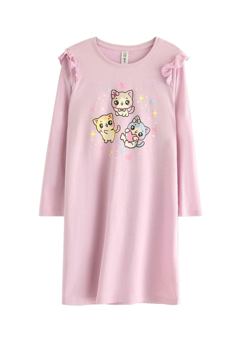 Vestito da notte in cotone rosa con maniche lunghe, caratterizzato da tre gattini dei cartoni animati sulla parte anteriore e dettagli arricciati sulle spalle.