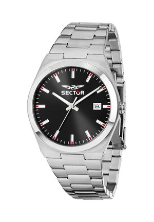 Orologio in acciaio inox argento con quadrante nero, indicatori delle ore bianchi e dettagli rossi. Presenta un display della data e una lunetta lucida.