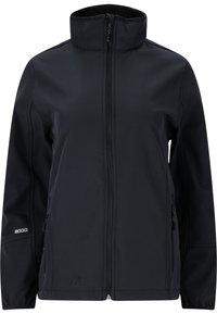 Svart softshell-jacka med hög krage, framsidans dragkedja, sidofickor och en subtil texturfinish. Förstärkt sömnad för hållbarhet.
