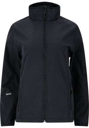 Veste softshell noire avec col haut, fermeture éclair frontale, poches latérales et finition texturée subtile. Couture renforcée pour plus de durabilité.
