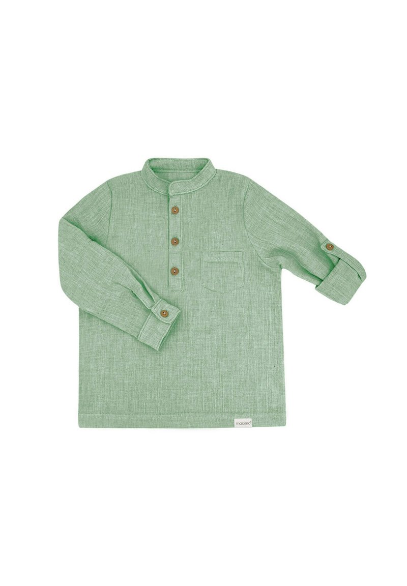 Light green long-sleeve shirt with a collar, three buttons, and a chest pocket. Made from textured fabric with rolled cuff details.