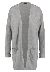 Grå stickad kavaj med öppen front, långa ärmar, ribbade detaljer på axlarna och två framfickor. Mjuk textur och avslappnad passform.