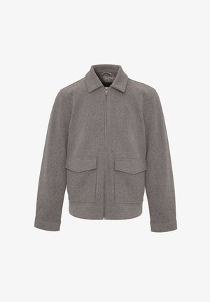 Grijze wollen jas met een kraag, voorkant met rits en twee grote opgestikte zakken. Beschikt over een gladde textuur en een gestructureerd ontwerp.