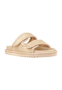 Sandali beige senza chiusura con due cinturini intrecciati, dettagli intrecciati, finitura in pelle liscia e suola testurizzata per una maggiore aderenza.