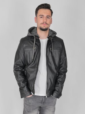 Black leather jacket with a gray hooded lining, featuring two zippered front pockets and a smooth texture, worn over a white T-shirt.