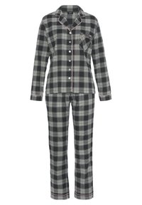 Black and white plaid pajama set with a button-up top featuring a chest pocket and contrasting piping, paired with matching pants.