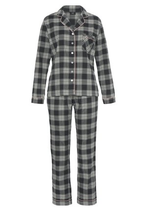 Schwarzes und weißes Karomuster Pyjama-Set mit einer knöpfbaren Bluse mit Brusttasche und kontrastierenden Paspeln, kombiniert mit passenden Hosen.