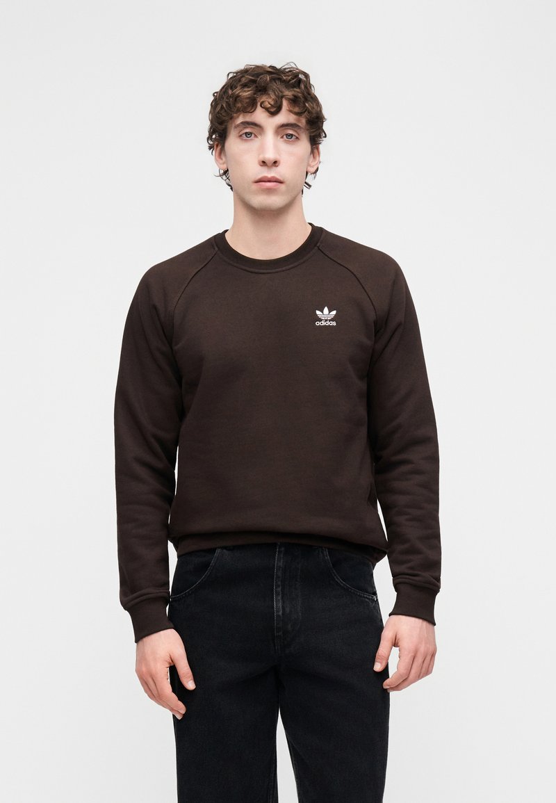 Brun sweatshirt med raglanärmar, rund halsringning och vitt Adidas-logotyp på bröstet, matchad med mörka jeans. Mjuk tygstruktur.