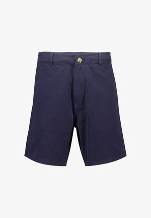 Navy cotton shorts with a zipper fly, button closure, belt loops, and side pockets. Smooth texture and knee-length fit.