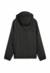 Veste légère noire avec capuche, manches longues, poignets élastiques et ourlet à cordon de serrage. Tissu synthétique lisse, design minimaliste.