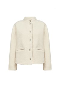 Krämfärgad, texturerad jacka med rundad krage, knappstängning fram och två sidofickor. Mjuk fleece-material.