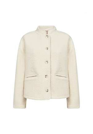 Cream-colored, textured jacket with a rounded collar, front button closure, and two side pockets. Soft fleece material.