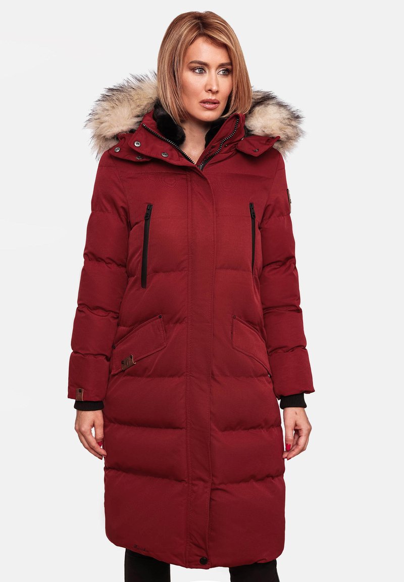 Red insulated parka with a faux fur-lined hood, zippered chest pockets, side pockets, and quilted texture. Long sleeves with ribbed cuffs.