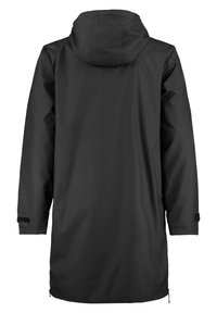 Black waterproof parka with a hood, featuring a straight cut, zippered vents, and elastic cuffs, made from smooth, durable material.