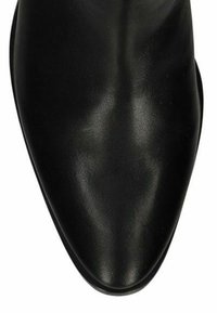 Zwarte lederen schoen met een puntige neusontwerp, gladde textuur en minimalistische stijl. Geen zichtbare patronen of hardwaredetails.