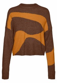 Brown cropped sweater with an abstract orange pattern, featuring a round neckline, long sleeves, and a soft, textured knit fabric.