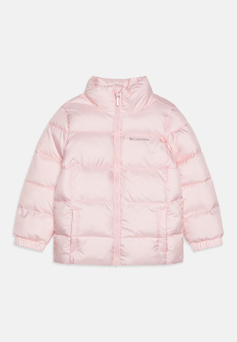 Pink puffer jacket with a high collar, zip front, and elastic cuffs. Quilted design with a smooth, shiny texture. Logo on the left chest.