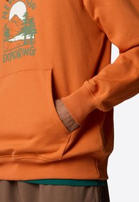 Felpa arancione con cappuccio, dotata di tasca a marsupio, polsini a costine e stampa grafica che raffigura montagne e alberi in verde e bianco.