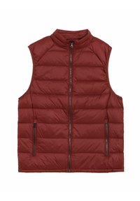 Gepolsterte ärmellose Weste in einem tiefen Rotton mit hohem Kragen. Verfügt über einen Frontreißverschluss und zwei seitliche Taschen mit Reißverschlüssen. Glatte Textur.