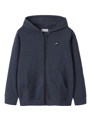 Marineblauer Zip-Hoodie aus weichem Material. Mit einer Kängurutasche, gerippten Bündchen, einer verstellbaren Kapuze und einem kleinen Logo-Acccent.