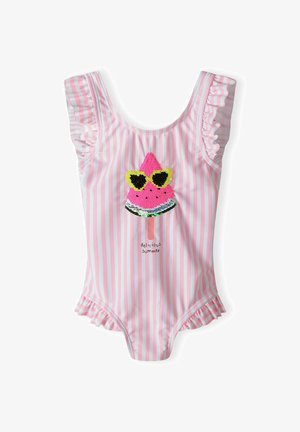 Maillot de bain une pièce avec des rayures roses et blanches, des bretelles volantées et une appliqué de pastèque ornée de sequins et du texte "été délicieux".
