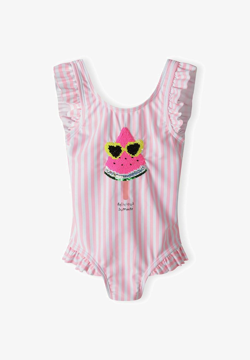 Enodelni kopalke z rožnatimi in belimi črtami, volanastimi naramnicami in aplikacijo lubenice, ki vključuje bleščice ter napis "okusno poletje."