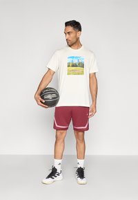 Light beige T-shirt with a colorful mountain print, paired with maroon shorts featuring pink accents. Black basketball and athletic shoes.