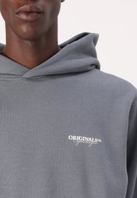 Grijze katoenen hoodie met een ingetrokken capuchon, voorzien van een wit geborduurd logo op de borst. Soepele textuur, relaxed fit en een minimalistisch ontwerp.