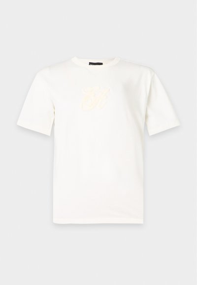 Λευκό κοντομάνικο T-shirt με στρογγυλή λαιμόκοψη και διακριτικό τόνο λογότυπο κεντημένο στο στήθος με ανοιχτό φόντο.