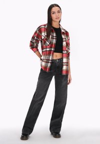 Rood en grijs geruite flanellen shirt, zwarte crop top, zwarte wijde spijkerbroek en zwarte clogs. Bevat knoopsluiting en opgerolde mouwen.