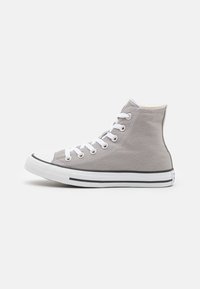 High-top sneakers in light gray canvas with white laces, rubber toe cap, and black stripe detail on the sole.