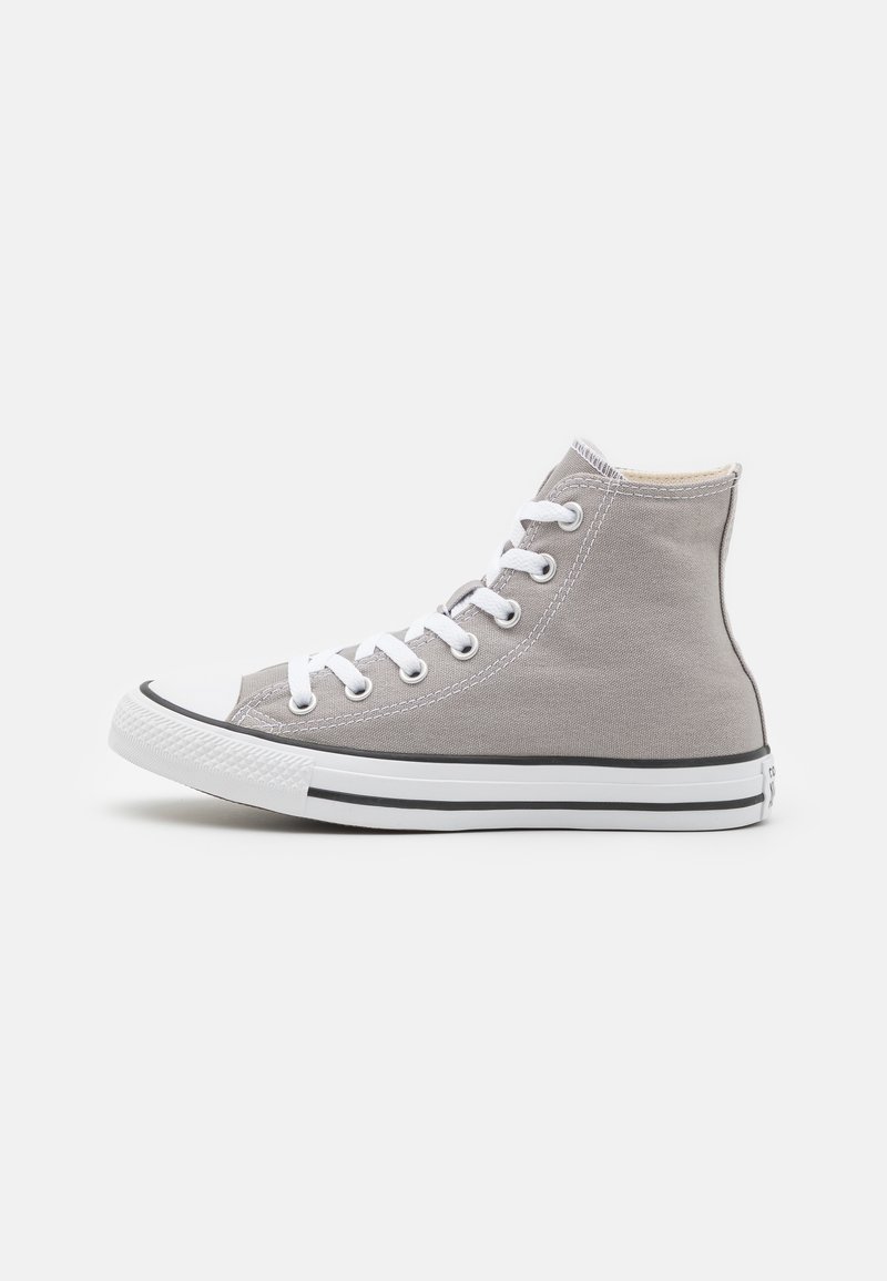 High-top sneakers in light gray canvas with white laces, rubber toe cap, and black stripe detail on the sole.