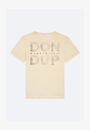T-shirt in cotone beige a maniche corte, con grande testo grigio sul retro che recita "DON DUP" e "MADE IN ITALY" sotto.