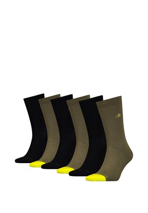 Sechs Paar knielange Socken in abwechselnd Schwarz und Olivgrün, jeweils mit leuchtend gelben Zehen und einem kleinen Logo in der Nähe der Bündchen.
