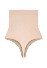 Shapewear beige a vita alta con una texture liscia, dotato di un bordo superiore senza cuciture e di un design con aperture sul fondo per il comfort.