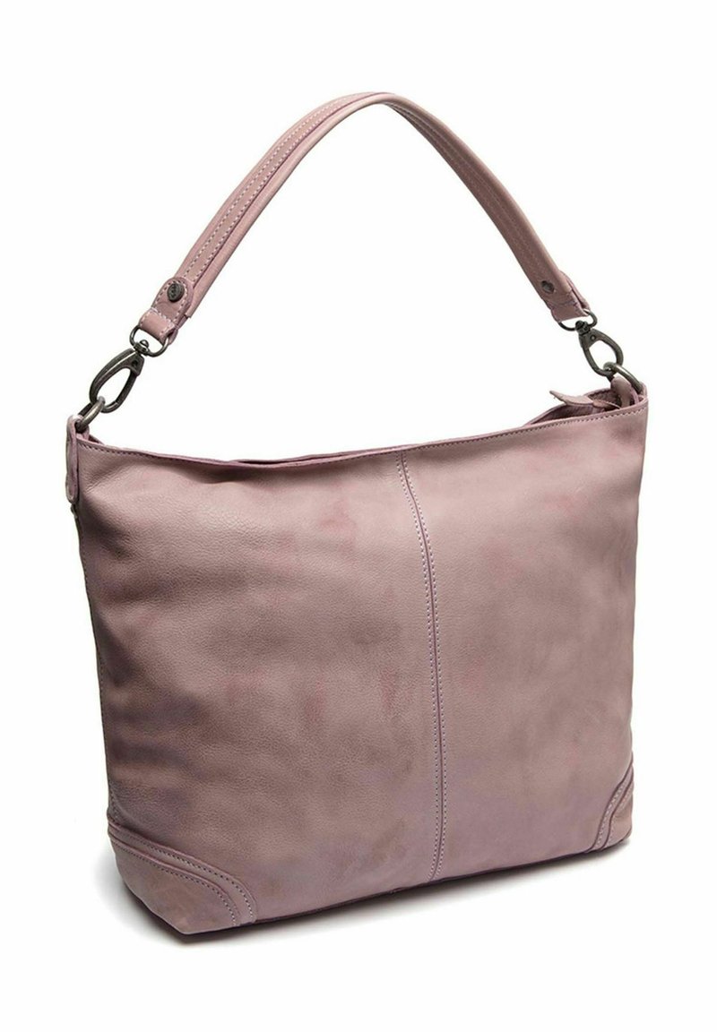 Borsa in pelle morbida di colore malva, con una sola tracolla regolabile, dettagli di cucitura laterale e una texture liscia.
