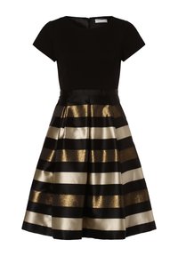 Schwarzes Kleid mit kurzen Ärmeln und taillierter Oberseite. Der Rock hat abwechselnd glänzende schwarze und metallisch goldene Streifen. Mit Reißverschluss im Rücken.