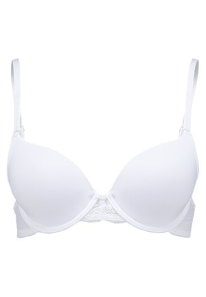 White bra with molded cups, lace accent at the center. Adjustable shoulder straps and back closure. Smooth texture.