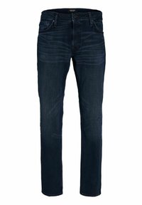 Jeans in denim blu scuro con taglio dritto, dotati di cinque tasche, chiusura con bottone metallico e dettagli sbiaditi sottili sul tessuto.