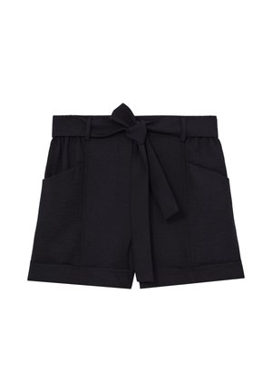 Schwarze Damen-Shorts mit hoher Taille, großen Fronttaschen und einem Stoffgürtel, der in der Taille zu einer Schleife gebunden ist.