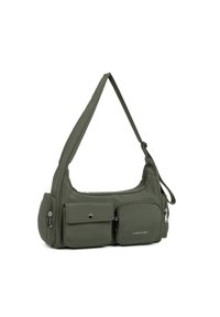 Borsa a spalla in tessuto verde con una forma curva, dotata di due tasche frontali, una tasca laterale con zip e una tracolla regolabile.