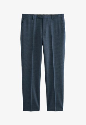 Dark blue trousers with a textured fabric, flat front, side pockets, and a single button closure. Straight-leg cut with a tailored design.