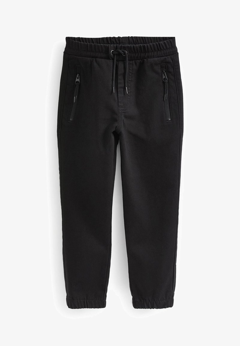 Pantalon de jogging noir avec taille élastique, cordon de serrage, poches avant zippées et poignets élastiques aux chevilles.