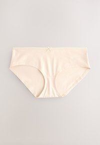 Biancheria intima da donna stile bikini in cotone beige con rifinitura in pizzo e piccolo fiocco decorativo al centro della fascia anteriore.