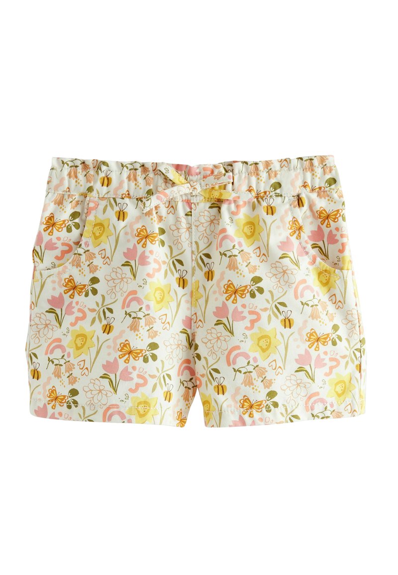 Leichte, blumenmusterte Shorts in Creme, mit pinken, gelben und grünen Designs, elastischem Bund und seitlichen Taschen.
