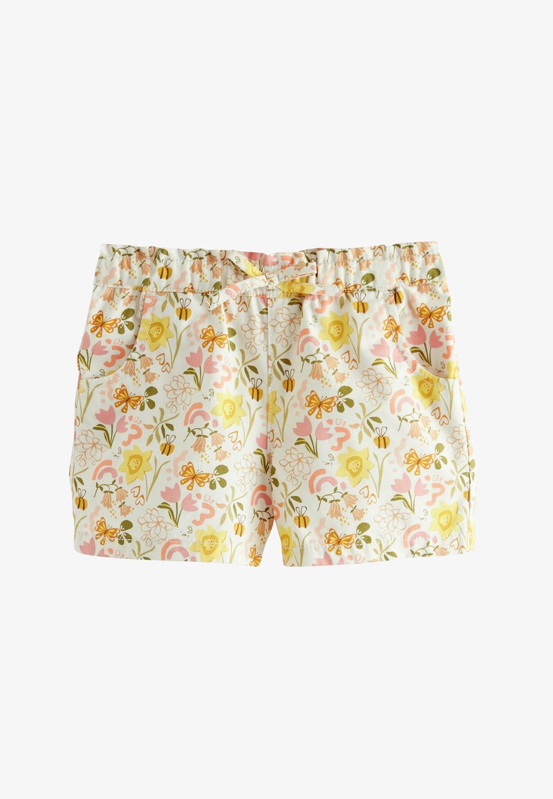 Shorts enfant à taille élastique avec poches latérales et motif floral avec des fleurs jaunes, des papillons et des abeilles sur fond blanc.