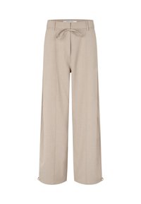 Béžové široké kalhoty s tkaničkovým pasem, vyrobené z lehké tkaniny, s dvěma předními záhyby a jemnými zdobeními na lemech.